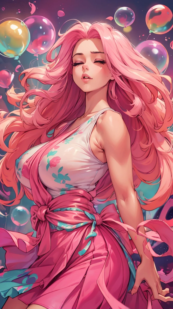 ((top-quality, 8K)), (Realistic), (Face Focus: 1.1), (White and pink: 1.3), woman, (milf), (sexy body), (huge breasts), long-hair, Body from the waist up, Hair fluttering in the wind, Facing to the side, Look up at your face, Eyes closed, (Sleeveless: 1.1), Skirt, Countless soap bubbles,