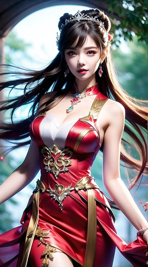 8k ultra hd, mastermiece, a girl, good face, detailed, eyes, beautiful lips, very hong hair, spreading hair, medium breasts, wedding dress, red dress, in the park, flying birds, blowing winds, clear weather, sitting, whole body capture,