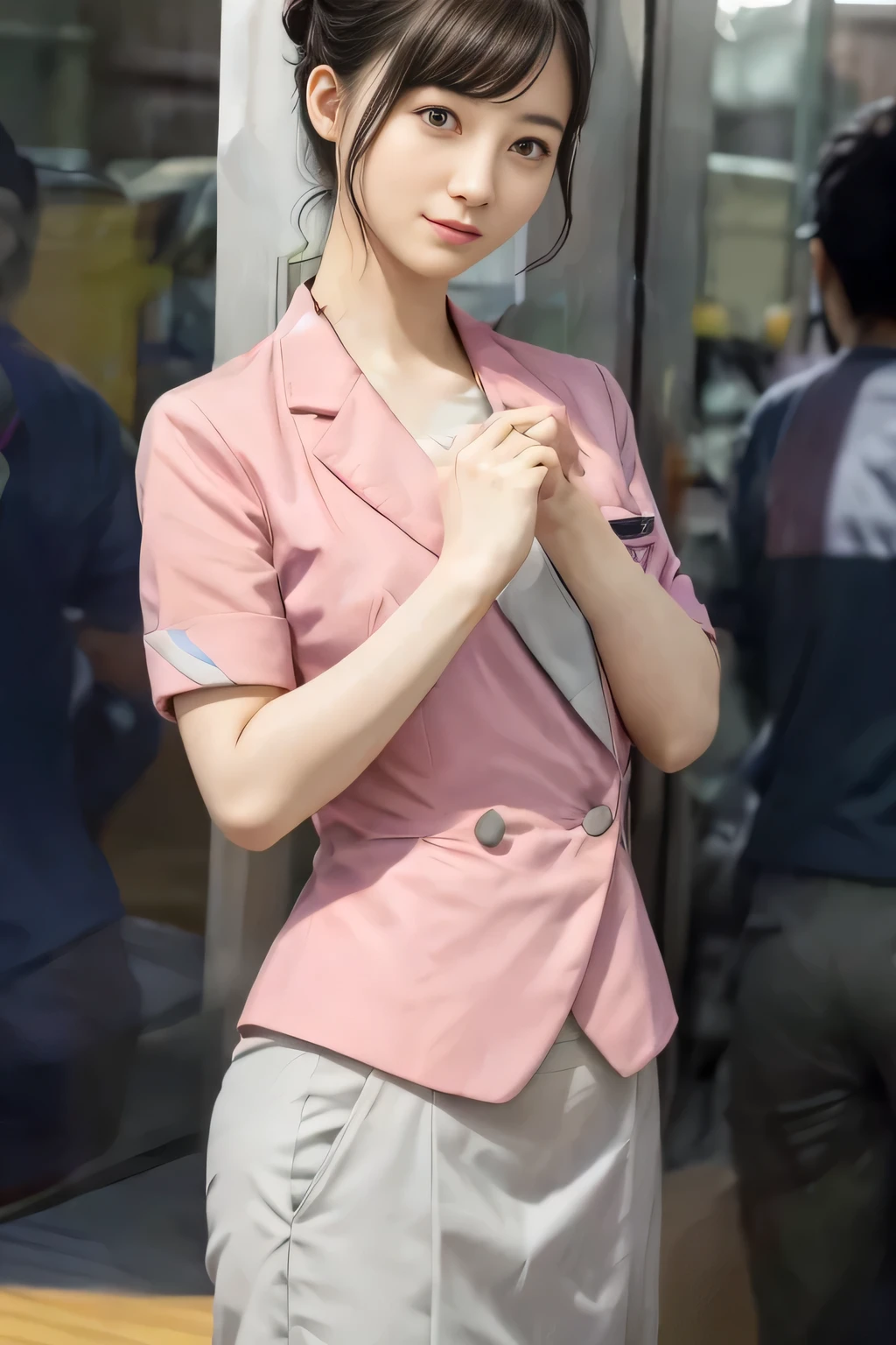 (masterpiece:1.2, Highest quality:1.2), 32k HDR, High resolution, (alone、1 girl)、(On the rooftop of a building in the daytime、Professional Lighting)、Building rooftop background、(Nankai train crew uniform pinkを着たリアルスタイル)、(Nankai train crew uniform pink short sleeve collarless pink jacket、Nankai Train Crew Uniform Pink Collarless Short Sleeve Blouse、Nankai Train Crew Uniform Pink Grey Knee-length Culottes)、((The bottom of the pink short-sleeved jacket cannot be tucked into the clay-colored culottes.))、Dark brown hair、(Hair tied up、Hair Bun、Hair Bun)、Dark brown hair、Long Shot、Big Breasts、Thin legs、((Great hands:2.0)),((Harmonious body proportions:1.5)),((Normal limbs:2.0)),((Normal finger:2.0)),((Delicate eyes:2.0)),((Normal eyes:2.0)))、(Nankai Train Crew Uniform Pink Grey Knee-length Culottesを見せた美しい立ち姿)、smile