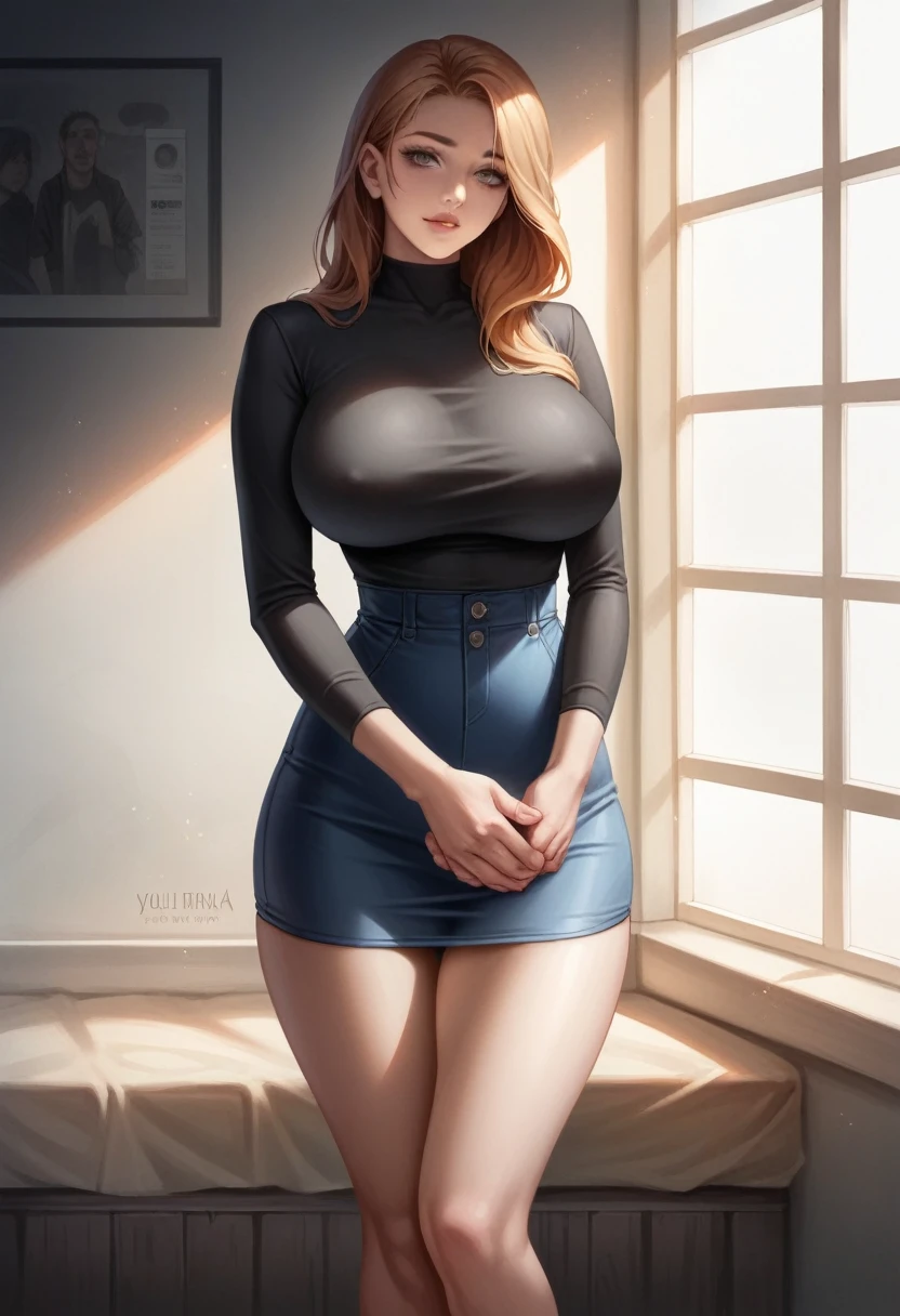 One girl, 19 years old, woman, masterpiece, Highest quality, Highest quality, Cinema Lighting, (Volumetric lighting), Very detailed CG unity 8k wallpaper, Concentration, 8k wallpaper, Very detailed, Ultra-realistic, Realistic, Sharp focus, Absurd, (High resolution:1.2), (High Contrast), photograph, Detailed and complex, Instagram, Portraiture, Very detailed, Digital Painting, Art Station, Concept Art, Smooth, Sharp focus, figure, Cinema Lighting, (whole body:1.2), (Large Breasts:1.3),  thighs, (Show off your legs), (Beautiful white thighs), The skirt should be short, View your viewers,Black sweater, whole bodyphotograph, (Clasp your hands and place them on your chin),My Room