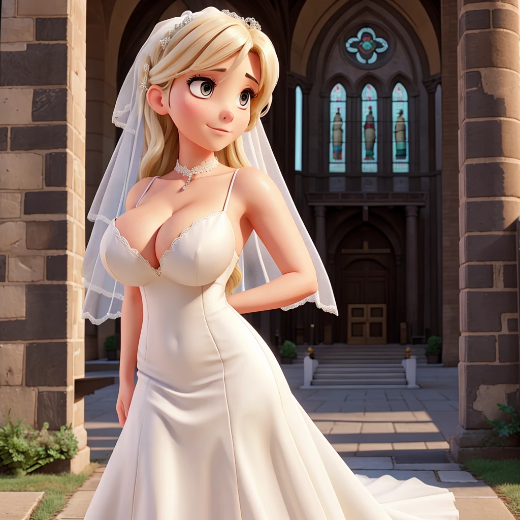 Bride in a very low-cut dress showing her huge breasts outside the church