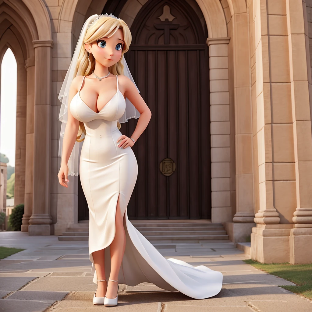 Bride in a very low-cut dress showing her  outside the church