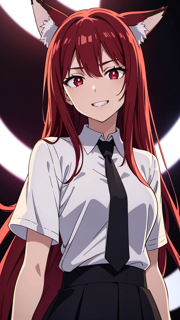 1girl ,20s,white shirt,short sleeves,(black standard tie),red hair,long hair,fox ears,portrait of a face of a girl, high detail, red eyes, glowing eyes, detailed iris, detailed eyes, bright pupils, looking down, low camera angle, clenched teeth, open mouth, smile, hard lighting,