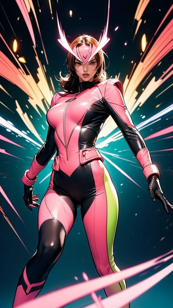 Solo, A brave and courageous image of a 6 member ranger team, Each one is decorated in vibrant colors such as:: ((Pink)), red is front of center, violet, Green, yellow, blue black, white,. Dynamic poses in a background that exudes energy and courage, neon, fire, plasma, Fluorescent, shocking, pink big bomber, splashing pink, running, fighting pose, action pose, Embodying the essence of the classic Sentai superhero team. Each Ranger:: The attire is sophisticated and modern, Each color has elements that reflect its theme., Ready for action. ((Camel Toe)), weapons, in sunset background , in cinematic lighting, cover art mixed cinema poster style,