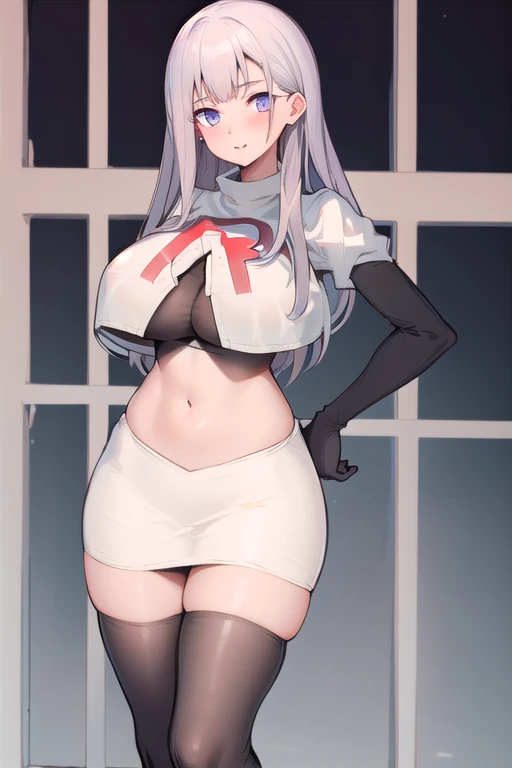 masterpiece,high quality,1girls, ,plmtazln,team rocket,team rocket uniform,white skirt,red letter R,crop top,black thigh-highs,black elbow gloves