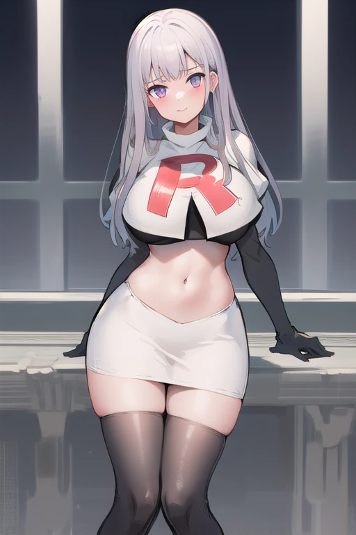 masterpiece,high quality,1girls, large breasts,plmtazln,team rocket,team rocket uniform,white skirt,red letter R,crop top,black thigh-highs,black elbow gloves