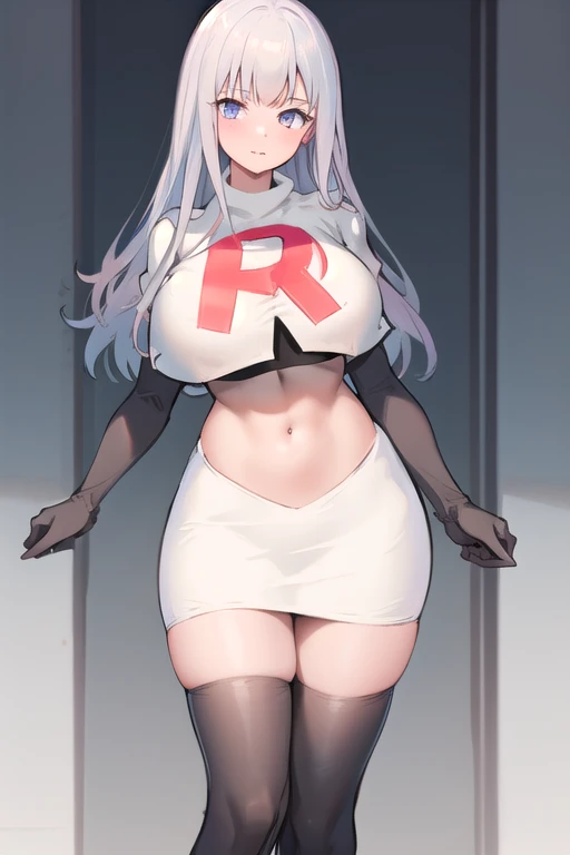 masterpiece,high quality,1girls, large breasts,plmtazln,team rocket,team rocket uniform,white skirt,red letter R,crop top,black thigh-highs,black elbow gloves