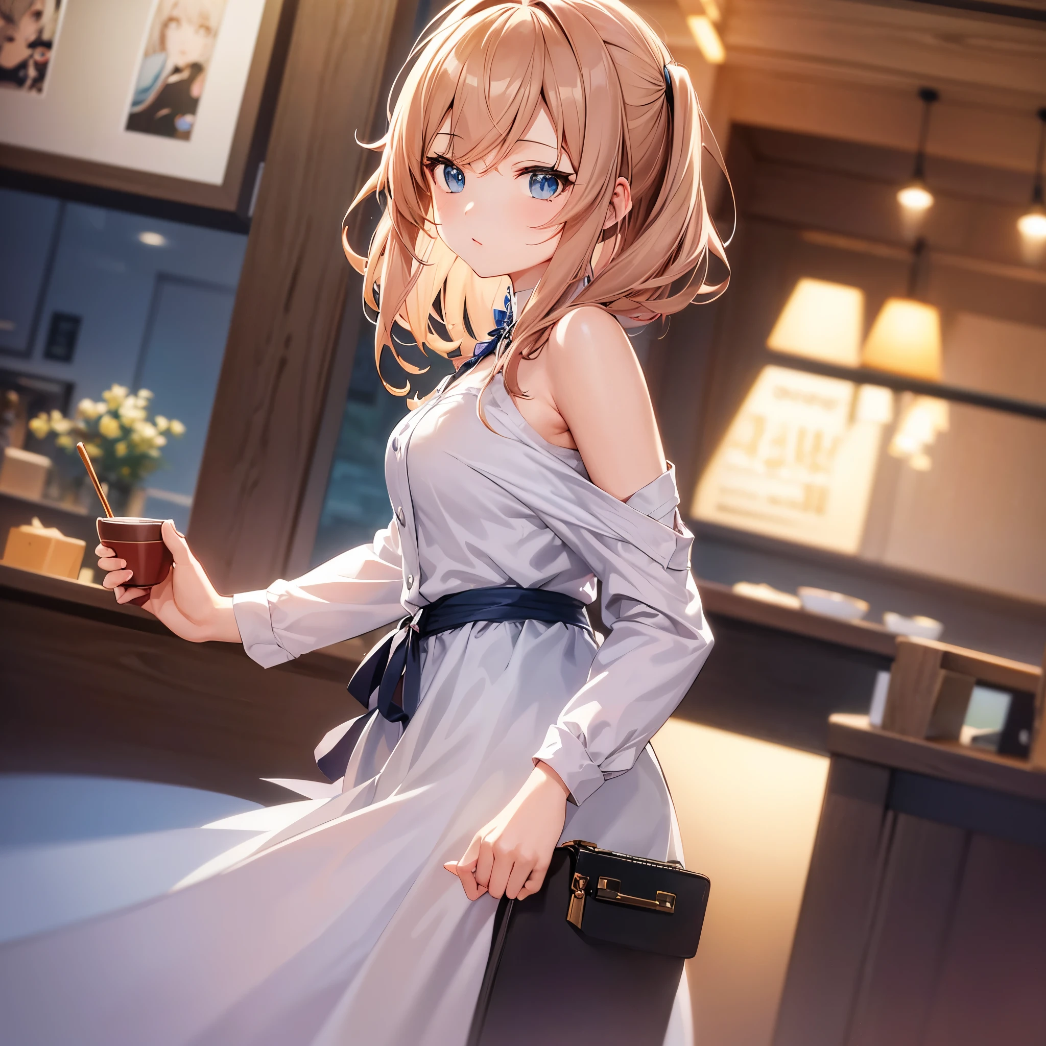 work of art, anime girl details, Genshin Impact, light brown, shoulder-length hair, blue eyes, slightly pink cheeks, naturally white lips, barista style, dark blue, is serving a cup of coffee, top quality, work of art, She is in a coffee shop, selling coffee, top quality, character gallery, CG, viewer's point of view, artwork, 4K, detailed anime art