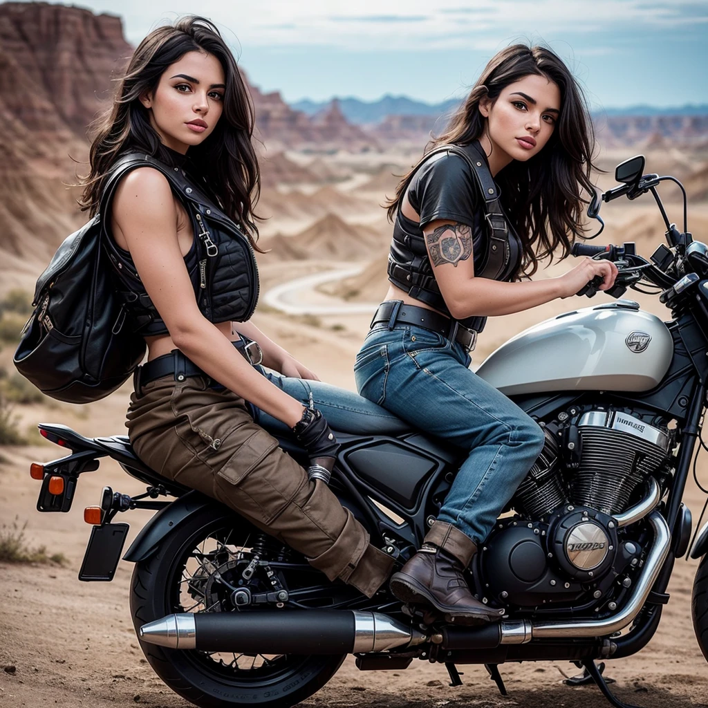 realistic photo of a (pretty girl, 21 years old, brunette, black eyes) over a motorcycle across badlands, (full lips) , ((perfect face)), [[mild smile]] proportionate body,mixed herritage, beautyfull, beautyfull face, tanned skin, two arms, two legs, five fingers by hand, (curly black long hair), (full body), badass girl ridding a motorcycle, girl driving a motorcycle, mad max vibes, explorer outfit, baggy pants, boots, technical stuff, utilities belt, reinforced vest, [[photo taken from back]], (award winning photo), (instagram influencer photo), (realistic), nikon, canon, Sigma 85mm f/8
