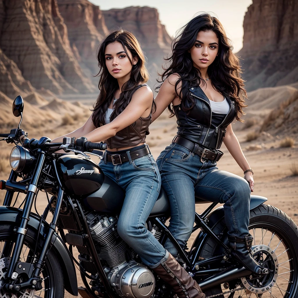 realistic photo of a (pretty girl, 21 years old, brunette, black eyes) over a motorcycle across badlands, (full lips) , ((perfect face)), [[mild smile]] proportionate body,mixed herritage, beautyfull, beautyfull face, tanned skin, two arms, two legs, five fingers by hand, (curly black long hair), (full body), badass girl ridding a motorcycle, girl driving a motorcycle, mad max vibes, explorer outfit, baggy pants, boots, technical stuff, utilities belt, reinforced vest, [[photo taken from back]], (award winning photo), (instagram influencer photo), (realistic), nikon, canon, Sigma 85mm f/8
