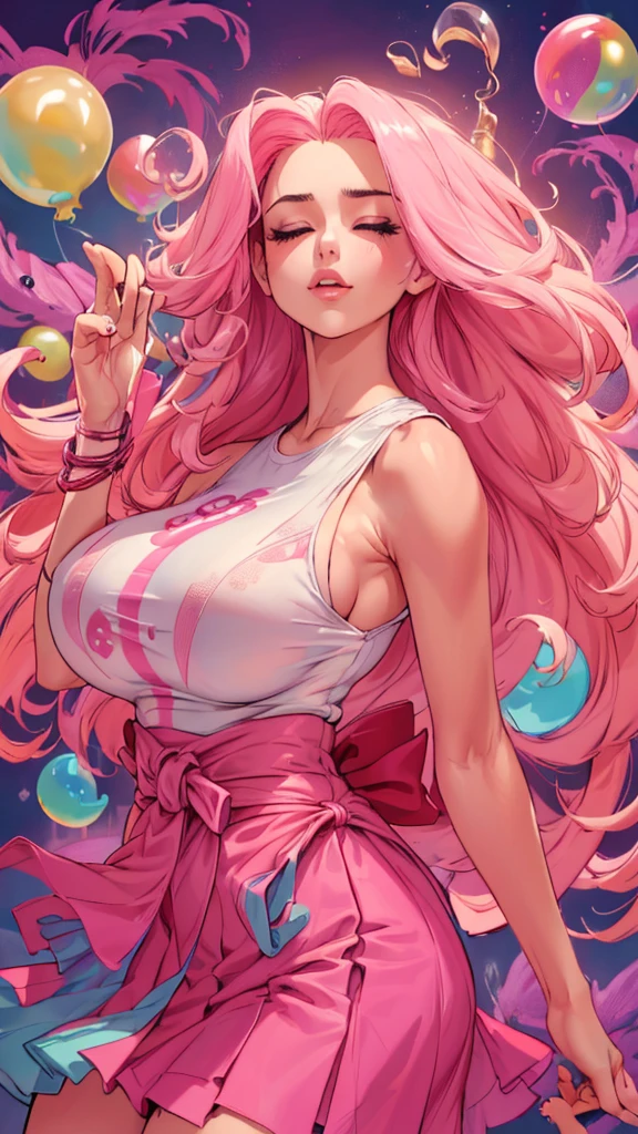 ((top-quality, 8K)), (Realistic), (Face Focus: 1.1), (White and pink: 1.3), woman, (), (sexy body), (huge breasts), long-hair, Body from the waist up, Hair fluttering in the wind, Facing to the side, Look up at your face, Eyes closed, (Sleeveless: 1.1), Skirt, Countless soap bubbles,