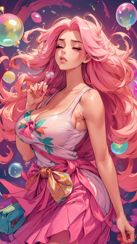 ((top-quality, 8K)), (Realistic), (Face Focus: 1.1), (White and pink: 1.3), woman, (milf), (sexy body), (huge breasts), long-hair, Body from the waist up, Hair fluttering in the wind, Facing to the side, Look up at your face, Eyes closed, (Sleeveless: 1.1), Skirt, Countless soap bubbles,