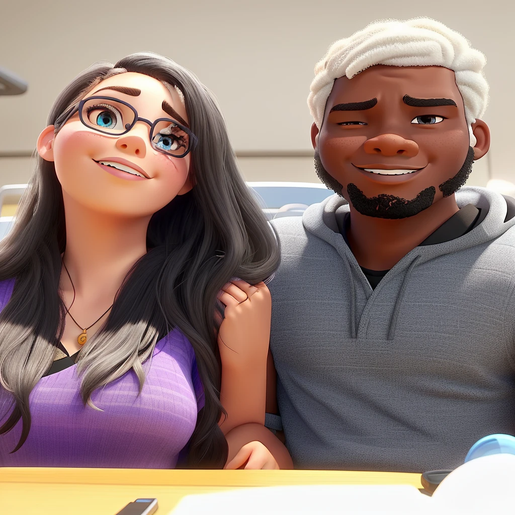 A white woman and a black man in Disney Pixar style, high qualiy, best qualityer