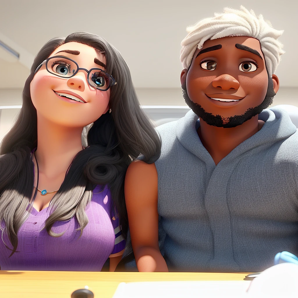 A white woman and a black man in Disney Pixar style, high qualiy, best qualityer