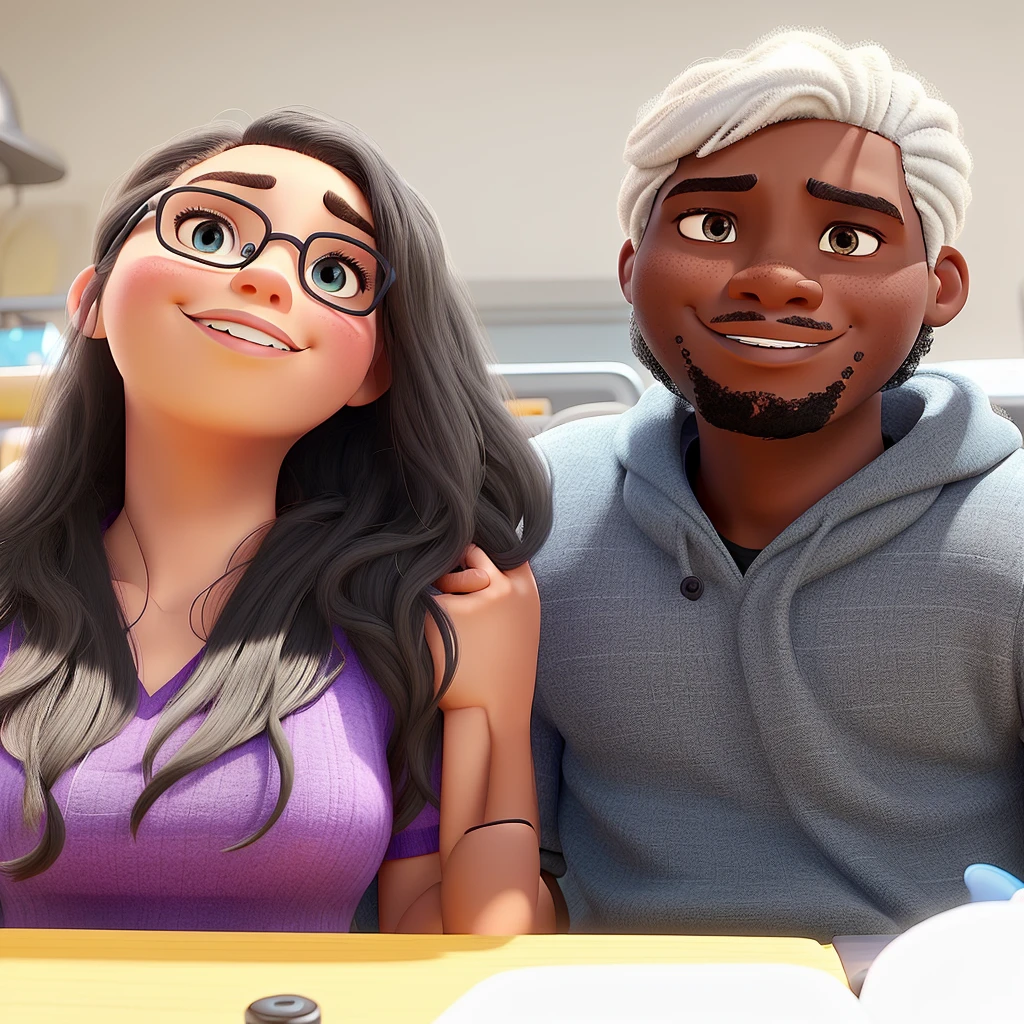A white woman and a black man in Disney Pixar style, high qualiy, best qualityer