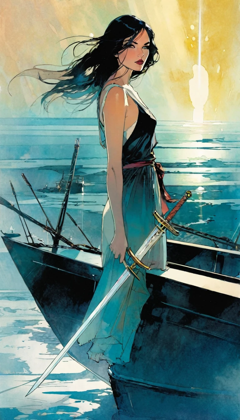 A beautiful woman leaves on a boat, on the deck of the boat 6 swords are stuck (art inspired by Bill Sienkiewicz)