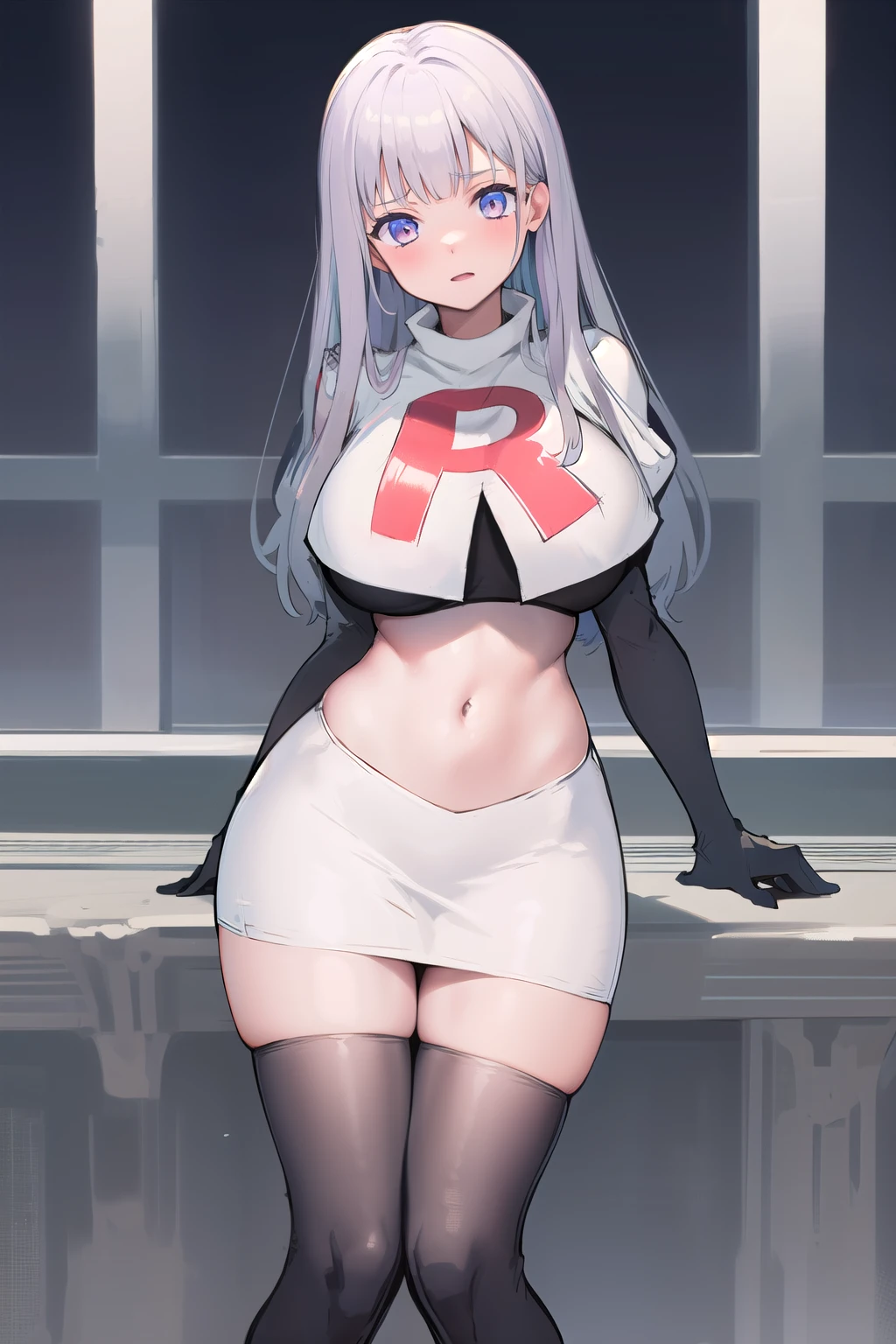 masterpiece,high quality,1girls, large breasts,plmtazln,team rocket,team rocket uniform,white skirt,red letter R,crop top,black thigh-highs,black elbow gloves