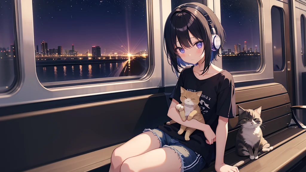 Masterpiece、super high quality、night、駅のホームでtrainを待つ、Holding a cute kitten、Cute girl sitting on a bench、Short Bob、Black Hair、T-Shirts、Shorts、sneakers、I have headphones on、Eyes are purple、Sadness atmosphere、night景、train