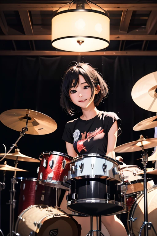 (masterpiece, Highest quality)、live house、かわいい女の子がdrumを叩いている、Dark Eyes、Gorgeous lighting、Tight mini skirt、Black Hair、Japanese women、drummer、drumセット、drum、