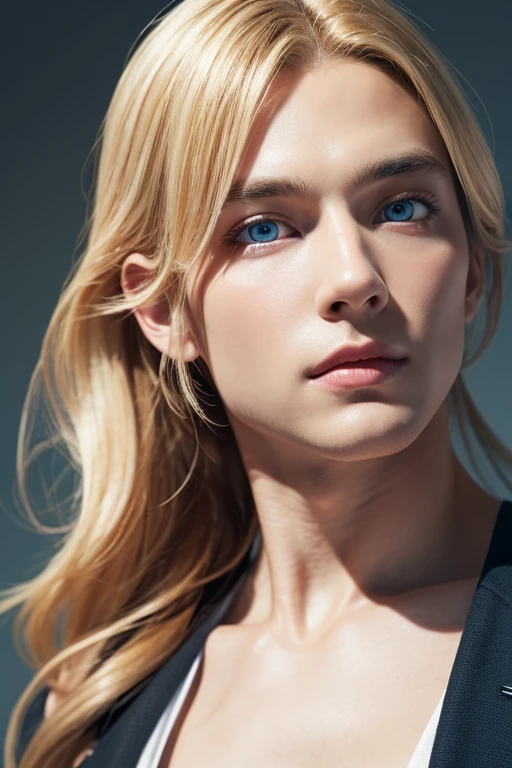 (masterpiece, Absurd, High resolution, Super detailed), 1 person, Wavy blonde hair, Adult, blue eyes, ponytail, Men&#39;s Center,Handsome face, Casual clothing, Charm, Lovely, Detailed eyes and face,