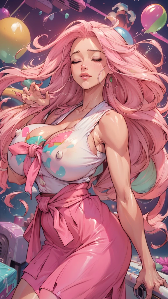 ((top-quality, 8K)), (Realistic), (Face Focus: 1.1), (White and pink: 1.3), woman, (milf), (sexy body), (huge breasts), long-hair, Body from the waist up, Hair fluttering in the wind, Facing to the side, Look up at your face, Eyes closed, (Sleeveless: 1.1), Skirt, Countless soap bubbles,