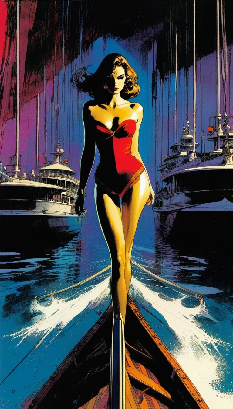 A beautiful woman leaves on a boat, on the deck of the boat 6 swords are stuck (art inspired by Bill Sienkiewicz)