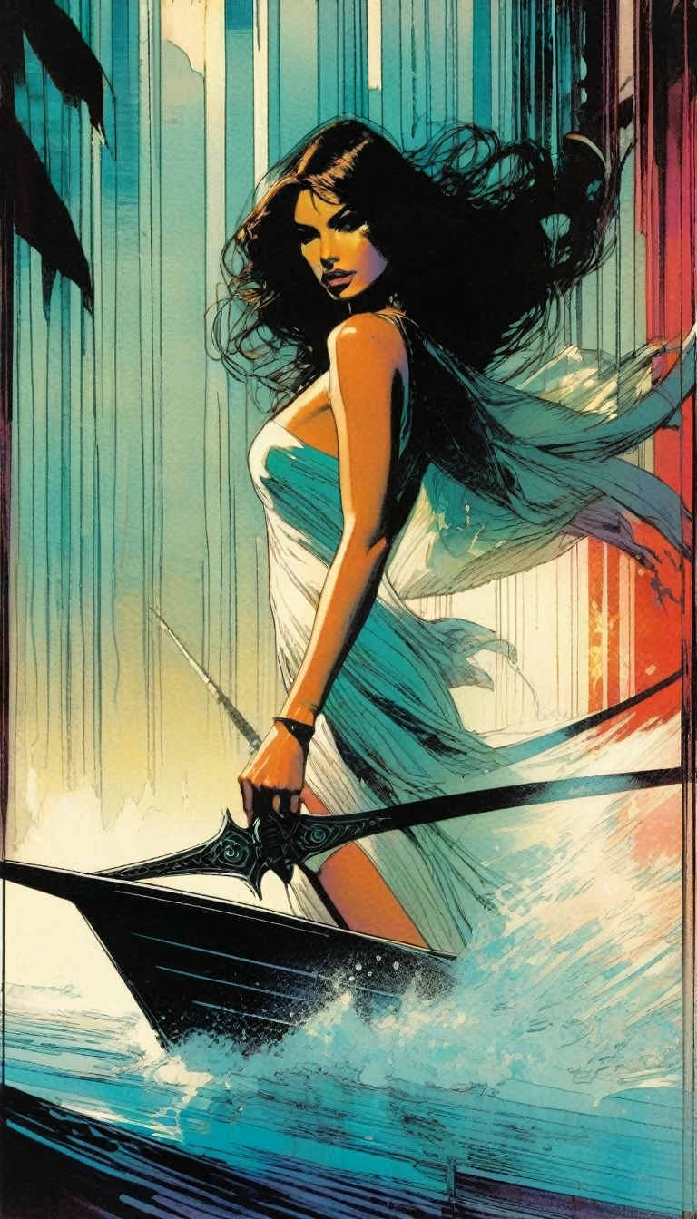 A beautiful woman leaves on a boat, on the deck of the boat 6 swords are stuck (art inspired by Bill Sienkiewicz)
