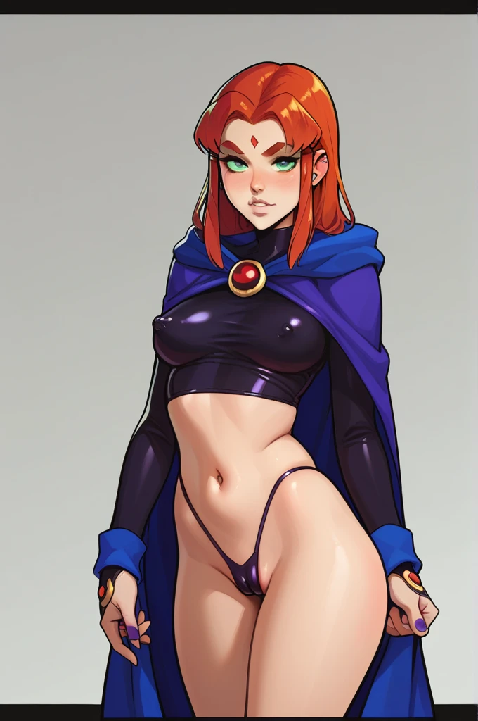 score_9, score_8_up, score_7_up,score_6_up, BREAK, source_western, teen titans, raven, starfire, raven cosplay, black tube top, erect nipples, cape, exposed midriff,, thong, cameltoe