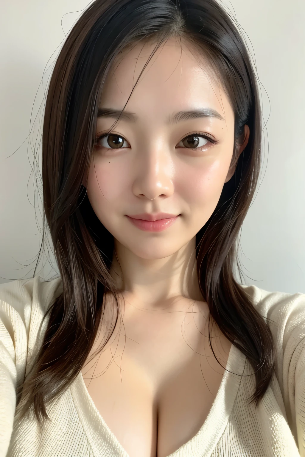 (Highest quality、Tabletop、8K、Best image quality、Award-winning works)、One 35-year-old woman、Plump face、(Selfie:1.1)、[Large Breasts]、Full of maternal love、Gentle expression、Expressionless、(Elegant long sleeve cardigan:1.1)、No makeup、(The simplest cream color background:1.3)、Close-up of face、Accurate anatomy、(Bright and glowing skin:1.2)、Front facing body