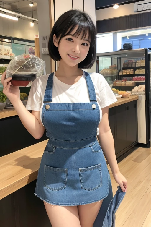 indoor、Bento shop counter、Housewife selling(40age、Medium Hair、Loose perm、Black Hair、Chubby、Big Breasts、White T-shirt、My blue miniskirt is blown up by the wind、Denim Apron、smile)Are standing