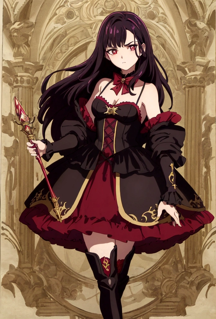 Superior image quality, high resolution, garota jovem, Caucasian skin, shorth hair, black hair with purple shine, yellow  eyes, red bow on head, short black dress, serious expression, medieval theme, Black boots, red details on the dress, shoulderpads, small ruffles on the dress, concept art, arms on display, female magician, scepter in hand
