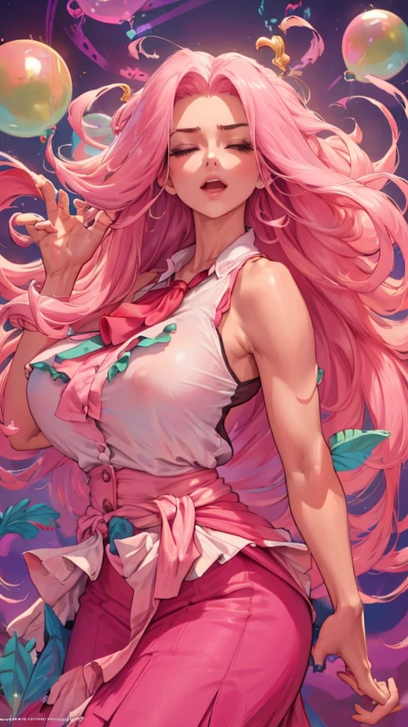 ((top-quality, 8K)), (Realistic), (Face Focus: 1.1), (White and pink: 1.3), woman, (milf), (sexy body), (huge breasts), long-hair, Body from the waist up, Hair fluttering in the wind, Facing to the side, Look up at your face, Eyes closed, (Sleeveless: 1.1), Skirt, Countless soap bubbles,