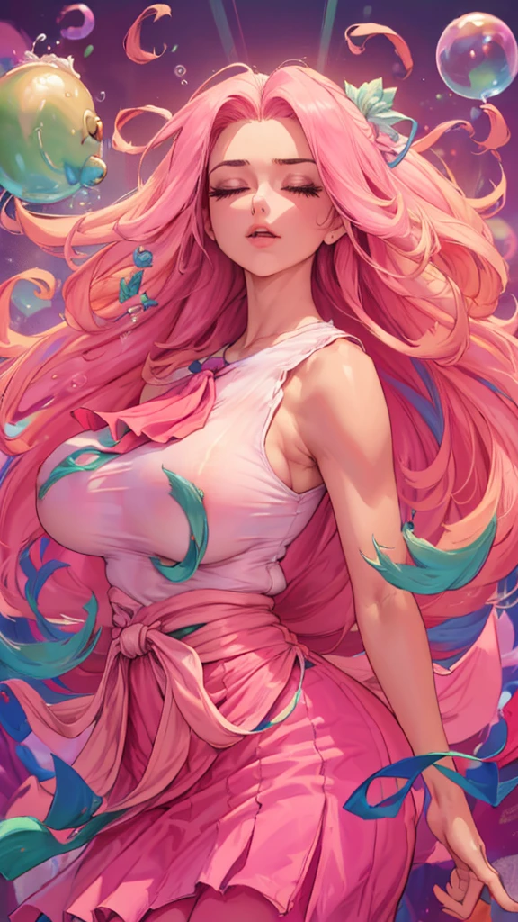 ((top-quality, 8K)), (Realistic), (Face Focus: 1.1), (White and pink: 1.3), woman, (milf), (sexy body), (huge breasts), long-hair, Body from the waist up, Hair fluttering in the wind, Facing to the side, Look up at your face, Eyes closed, (Sleeveless: 1.1), Skirt, Countless soap bubbles,