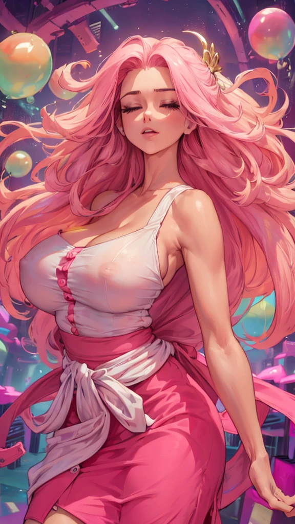 ((top-quality, 8K)), (Realistic), (Face Focus: 1.1), (White and pink: 1.3), woman, (milf), (sexy body), (huge breasts), long-hair, Body from the waist up, Hair fluttering in the wind, Facing to the side, Look up at your face, Eyes closed, (Sleeveless: 1.1), Skirt, Countless soap bubbles,