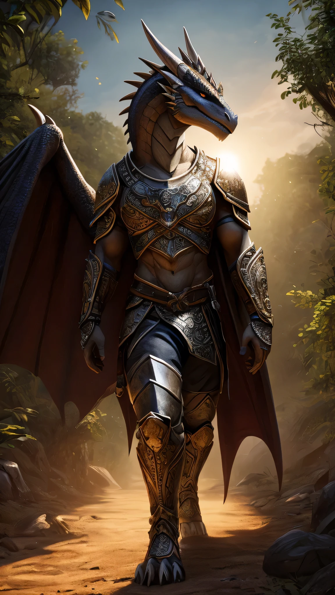 a white anthropomorphic dragon with light armor walking on a dirt road, incredibly detailed, very realistic, 8k, photorealistic, hyper detailed, Masterpiece, intricate details, volumetric lighting, dramatic shadows, cinematographic, epic fantasy scene, dramatic lighting, bright Eyes, scales, claws, magnificent wings, Skinny body, armor with ornate designs, dirt road, lush foliage, Sun rays, depth of field