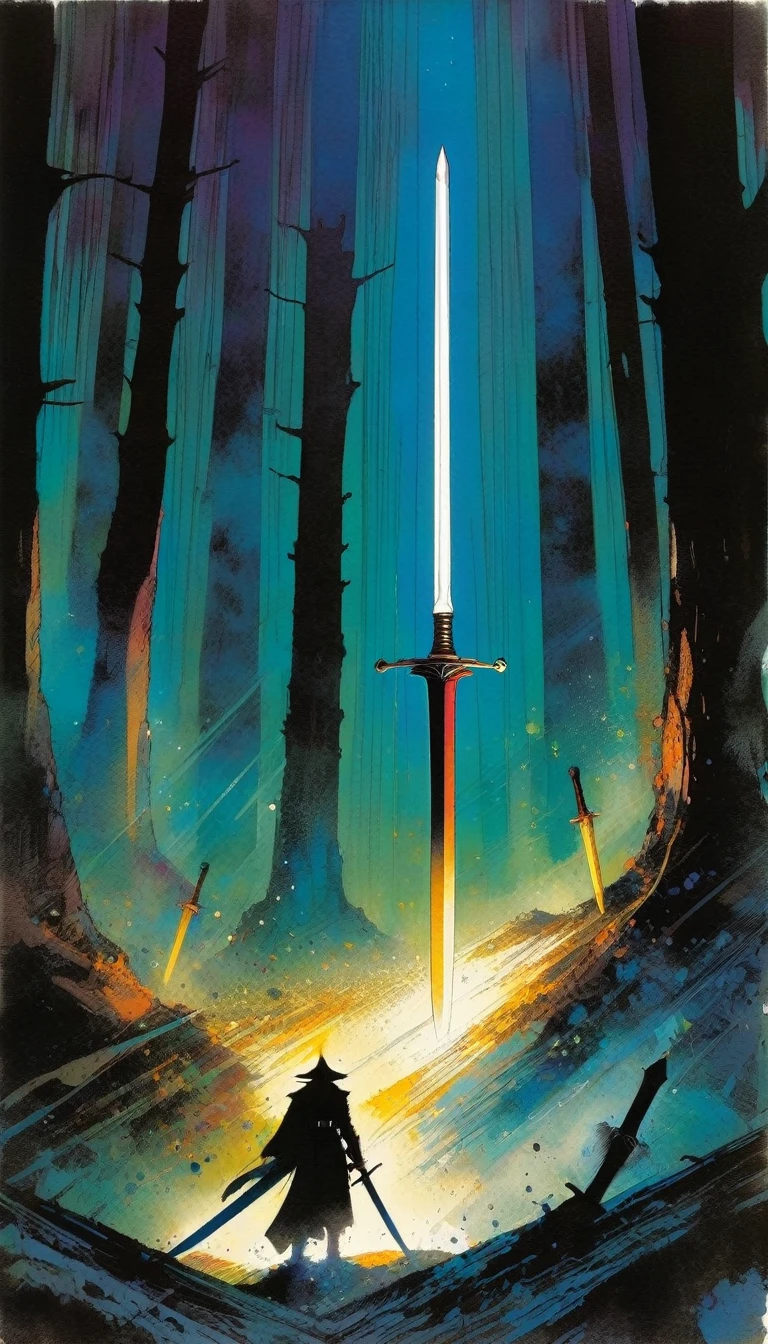 6 swords are stuck in the ground (art inspired by Bill Sienkiewicz)
