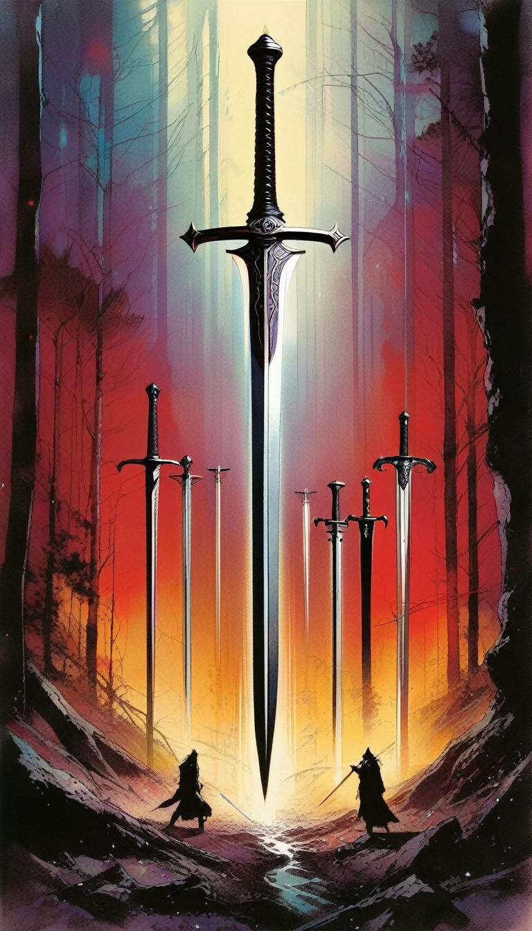 6 swords are stuck in the ground (art inspired by Bill Sienkiewicz)
