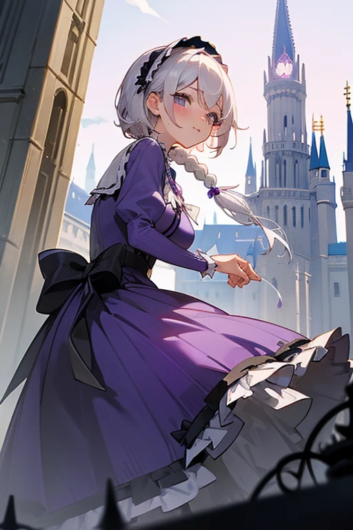 Short white hair, blush, Headbang 2.、cute、Beautiful woman、Stylish Gothic ta、Purple clothes、、Braiding、With Cinderella Castle in the background、