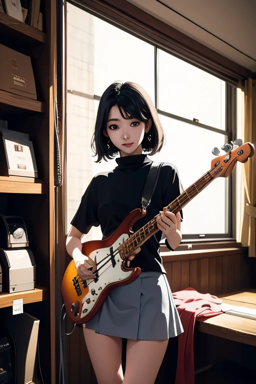 (masterpiece, Highest quality)、live house、Cute girl bassist、Dark Eyes、Gorgeous lighting、Tight mini skirt、Black Hair、Japanese women、