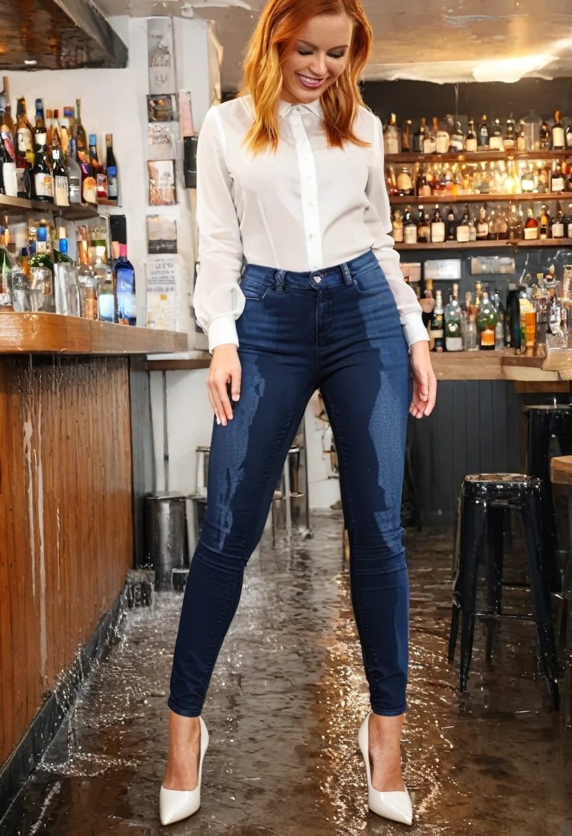 (((side view))), two attractive  women one blonde wearing black skinny jeans, one redhead wearing dark blue skinny jeans, high heel pumps, white blouse, standing in a crowded bar,  wetting, big smile, pee stains are gleaming wet, bright lighting