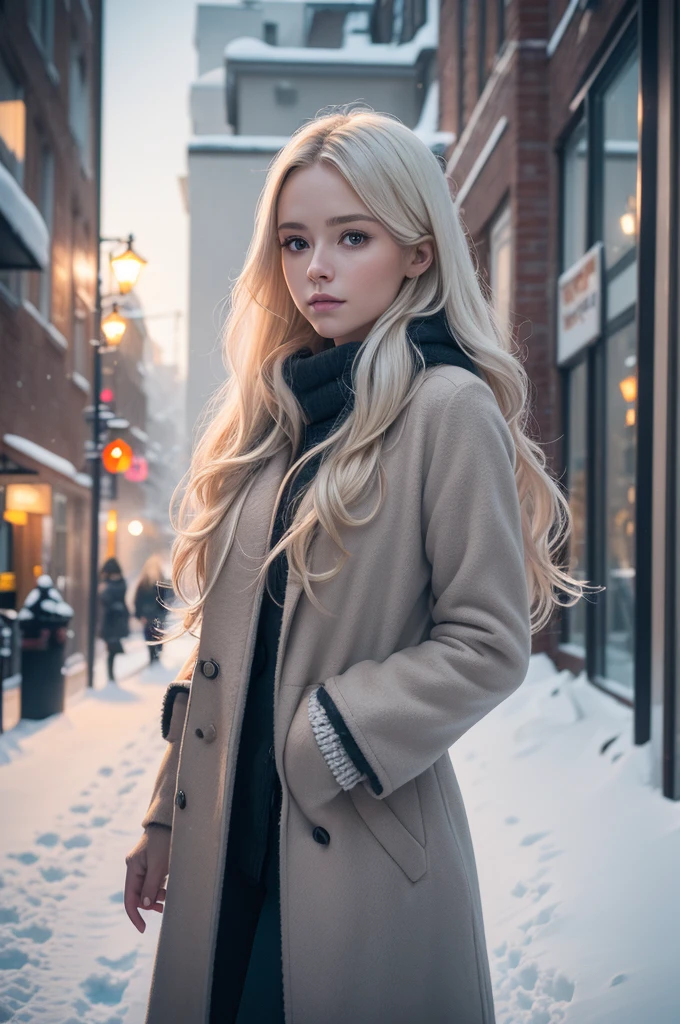 professional photography of a beautiful norwegian girl in winter clothes with long wavy blonde hair, sensual and seductive look, beautiful symmetrical face, beautiful natural makeup, wearing chic warm winter fashion clothing, ((standing outside on the snowy city street)), impressive modern urban environment, ultra realistic, conceptual artwork, chic, highy detailed, intricate, sharp focus, Depth of field, f/1. 8, 85 mm, medium shot, mid shot, (((professional color grading))), soft and bright diffused light, (Volumetric fog), Trends on Instagram, HD 4k, 8K