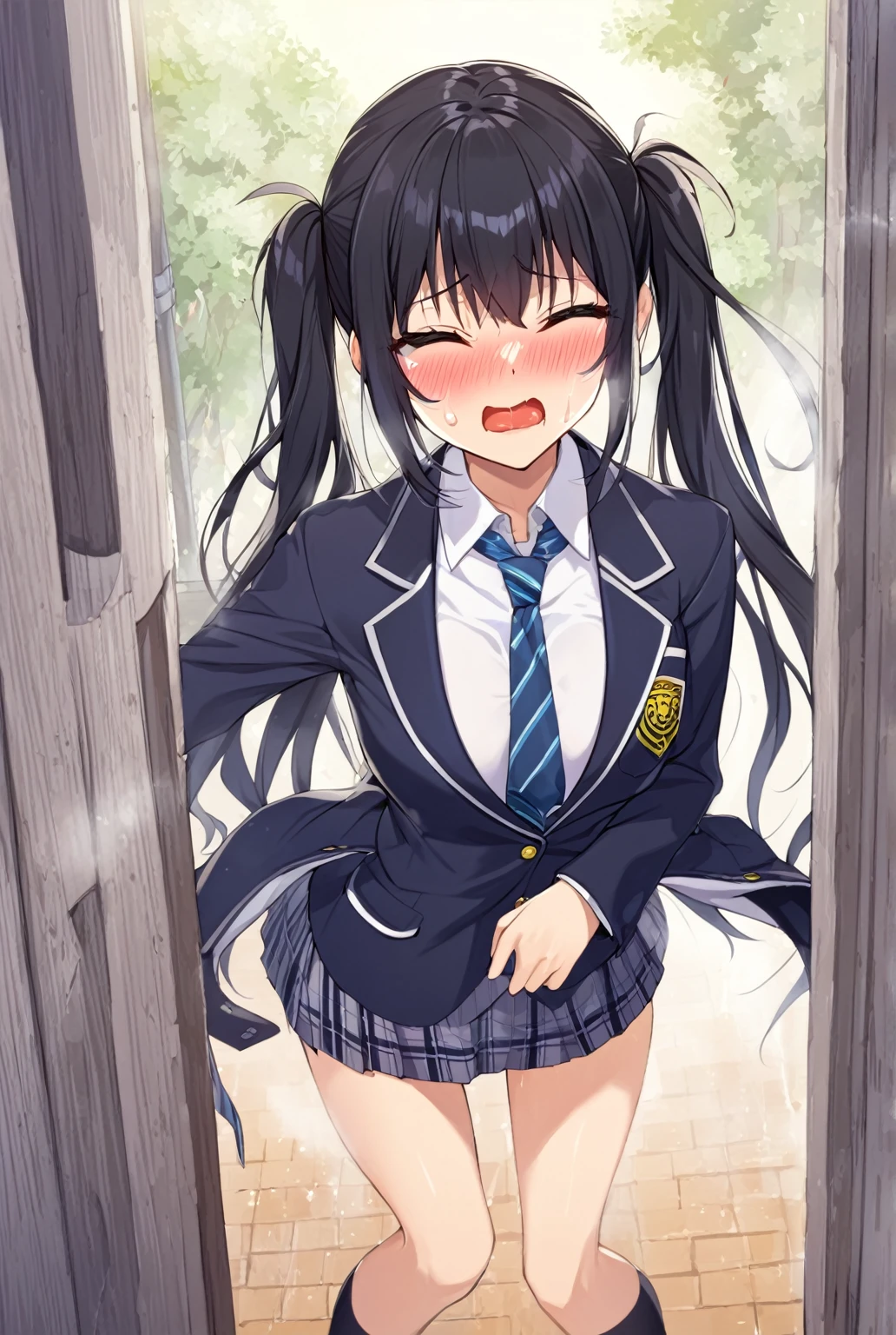 one girl, black hair, twin tail, high school student, school blazer, naive, slender, necktie, foggy, aphrodisiac, open mouth, drool