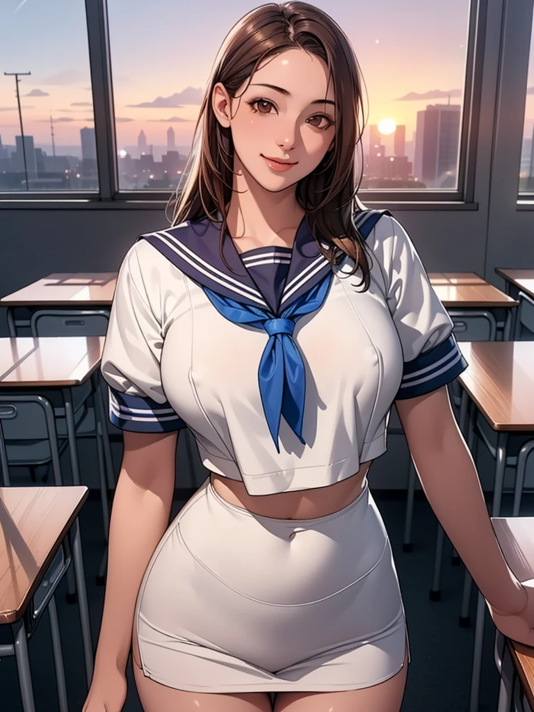 (8K,Realistic, Tabletop, Highest quality, RAW Photos:1.3)、One Girl, 18-year-old,alone,high school girl, Long Hair, Brown Hair, Beautiful face in every detail, Attractive face, (Beautiful brown eyes in every detail:1.2), Medium chest,(Underbust:1.0),(Covered nipples:0.99),(Loose Sailor Uniform :1.35), ( Slim beauty with perfect body: 1.4),( Seductive Pose:1.3), (View your viewers, Front view,Eyes focus:1.2), Detailed Background, (sunset:1.2), classroom,Fine details, Intricate details, Ray Tracing, Depth of written boundary, Captivating smile,classroom,