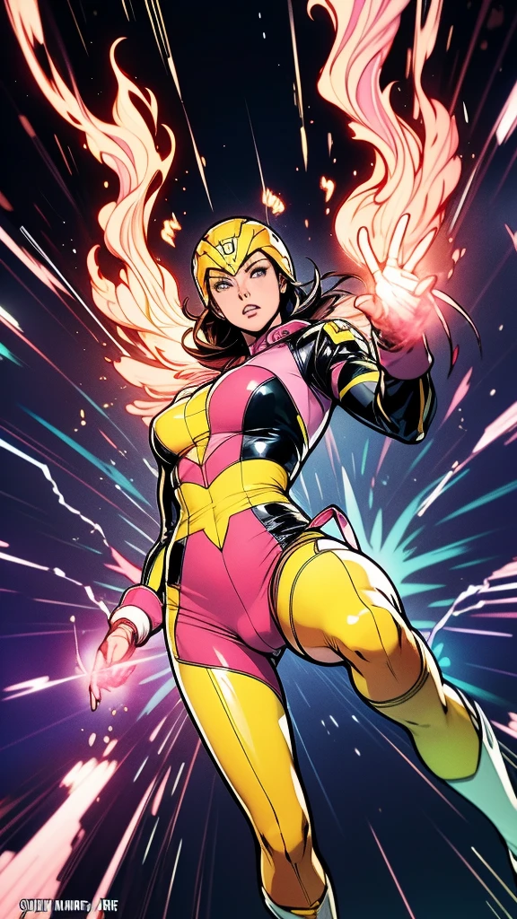 Solo, A brave and courageous image of a 6 member ranger team, Each one is decorated in vibrant colors such as:: ((Pink)), red is front of center, violet, Green, yellow, blue black, white,. Dynamic poses in a background that exudes energy and courage, neon, fire, plasma, Fluorescent, shocking, pink big bomber, splashing pink, running, fighting pose, action pose, Embodying the essence of the classic Sentai superhero team. Each Ranger:: The attire is sophisticated and modern, Each color has elements that reflect its theme., Ready for action. ((Camel Toe)), weapons, in sunset background , in cinematic lighting, cover art mixed cinema poster style,