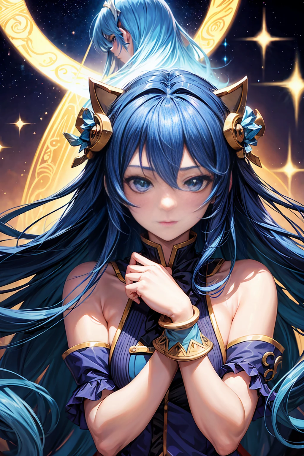 a close-up of a woman with a cat's head and a blue dress, portrait girl from the Knights of the Zodiac, girl from the Knights of the Zodiac, anime girl with cosmic hair, beautiful celestial wizard, tribal anime boy with long hair, lucina from the emblem of fire, anime goddess, goddess of space and time, anime wallpaper, hd anime wallpaper, anime wallpaper, anime background