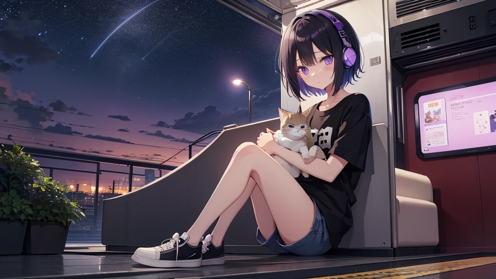 Masterpiece、super high quality、night、駅のホームでtrainを待つ、Cute girl holding a kitten、alone、Short Bob、Black Hair、T-Shirts、Shorts、sneakers、I have headphones on、Eyes are purple、Sadness atmosphere、night景、train