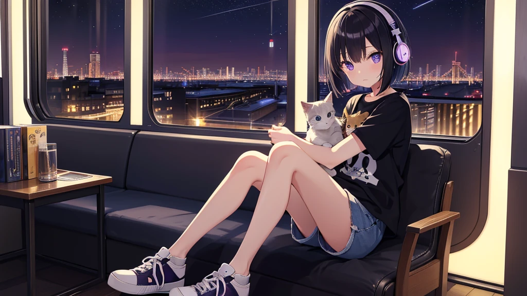 Masterpiece、super high quality、night、駅のホームでtrainを待つ、Cute girl holding a kitten、alone、Short Bob、Black Hair、T-Shirts、Shorts、sneakers、I have headphones on、Eyes are purple、Sadness atmosphere、night景、train