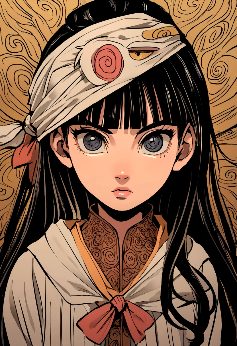 Naruto manga eslito, a girl with long hair with black bangs black eyes, mamga naruto drawing, focus on the eyes/muka, 12 year old girl, with a bow tied around her head 