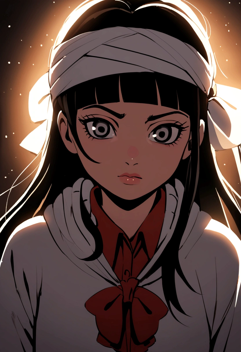 Naruto manga eslito, a girl with long hair with black bangs black eyes, mamga naruto drawing, focus on the eyes/muka, girl, with a bow tied around her head