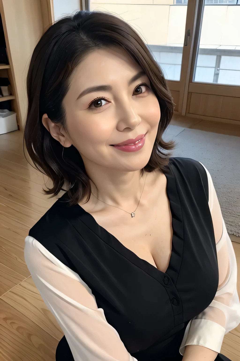 8K, Highest quality, masterpiece, Realistic, Realistic, Very detailed, Natural light, Shapely large breasts, Her cleavage is visible, 1 Japanese female, 45 years old, Black Hair, short hair, Straight hair, (Look up at the viewer from below),Disheveled V-neck shirt, Very detailedな顔と肌, Very detailedな目, Very detailedな顔と肌,Bright smile,A big smile,indoor,Natural Makeup